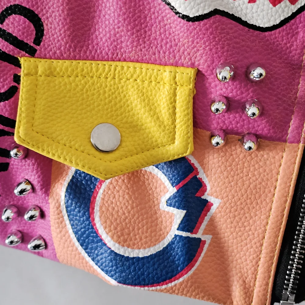 Azalea Wang Patchwork Moto Jacket Studded Graphic Leopard 1X - Picture 6 of 9